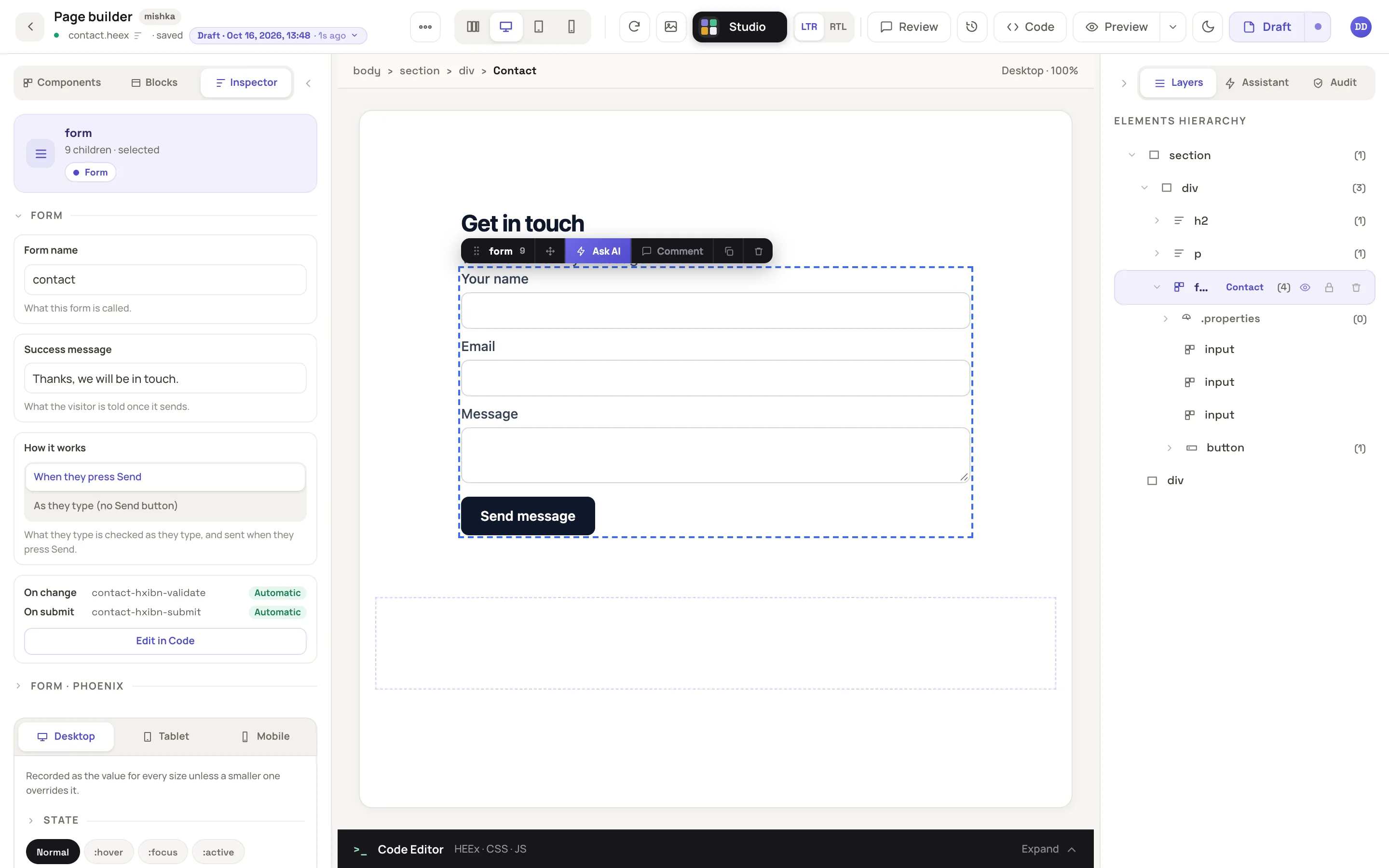 the Contact form selected on the canvas and the Inspector tab open on the Form section with Form name, Success message and How it works