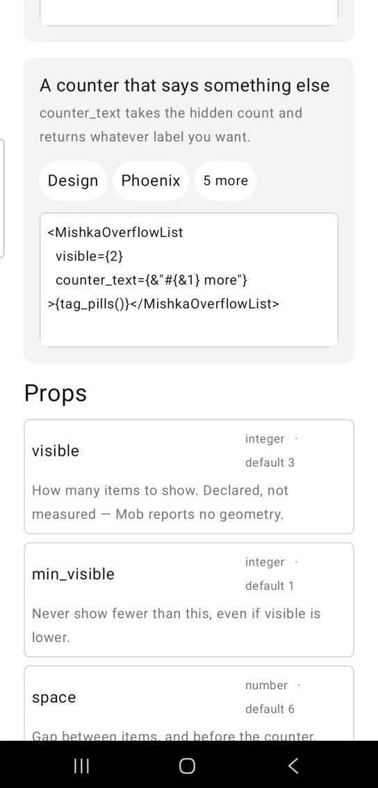 A counter that says something else card with pills labeled Design and Phoenix followed by a counter reading 5 more, in the MishkaMob showcase app on Android