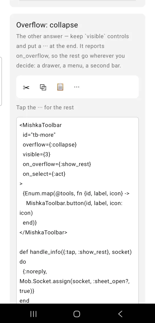 Overflow: collapse card: a toolbar with cut, copy and paste icon buttons followed by a three dot button, above the gray text Tap the three dots for the rest