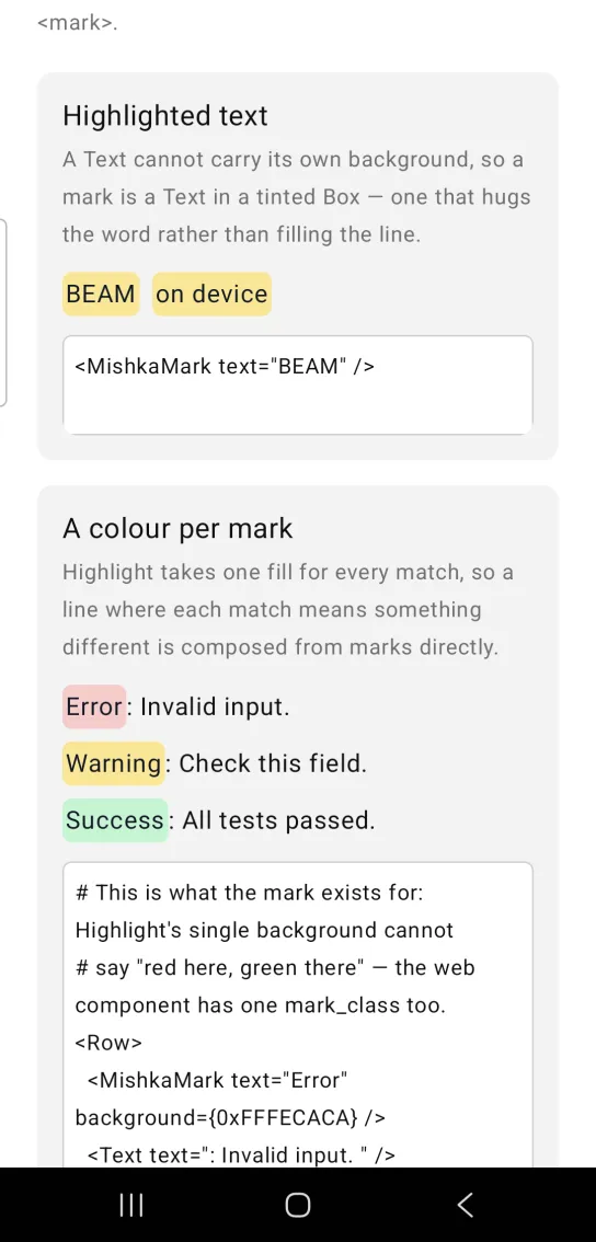 Mark example card titled Highlighted text, with two amber marks side by side reading BEAM and on device, in the MishkaMob showcase app on Android
