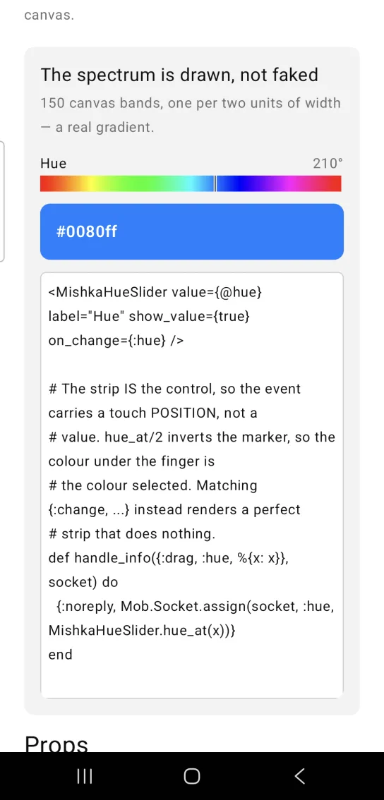 Hue slider example card titled The spectrum is drawn, not faked, with a 210 degree Hue readout, a rainbow track with a marker and a blue box showing #0080ff