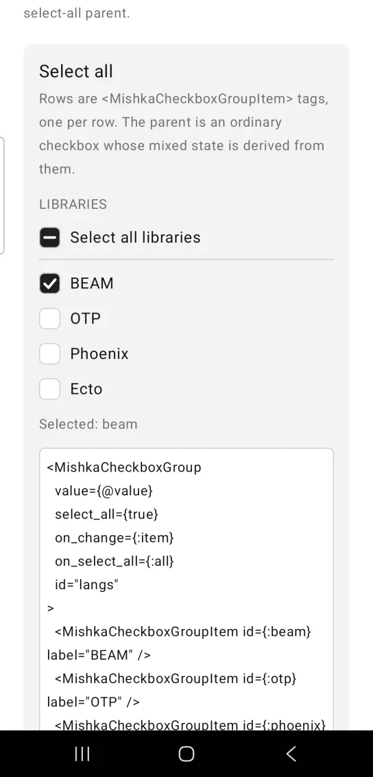 Card titled Select all, with a LIBRARIES checkbox group whose Select all libraries parent shows a dash above BEAM checked and OTP, Phoenix and Ecto unchecked, then Selected: beam