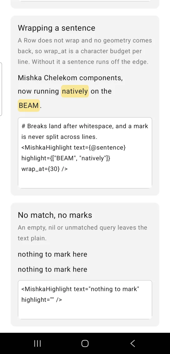 Highlight example card titled Wrapping a sentence, with the text Mishka Chelekom components, now running natively on the BEAM. wrapped over three lines and natively and BEAM marked in amber