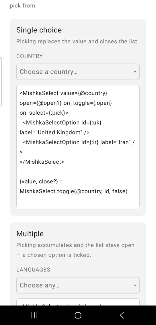 Single choice card with a select captioned COUNTRY showing the muted placeholder Choose a country with the list closed, in the MishkaMob showcase app on Android