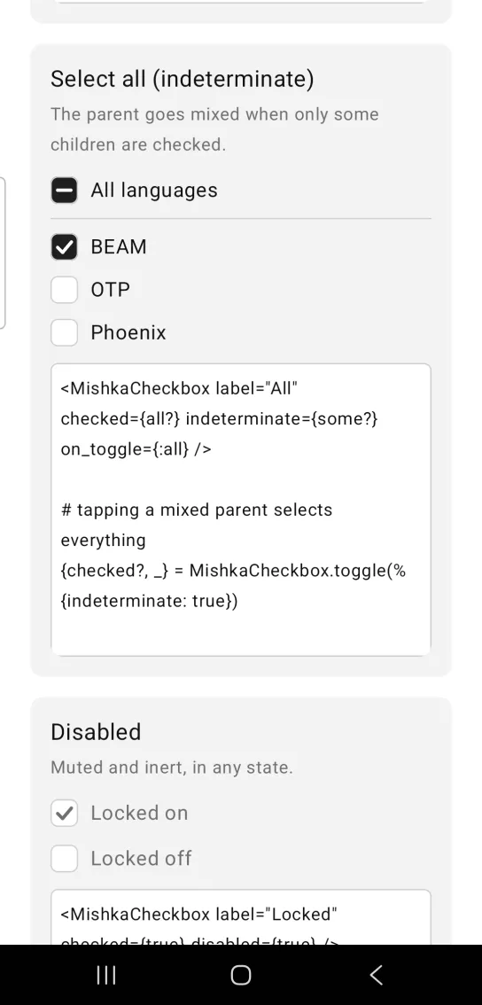 Card titled Select all (indeterminate), with an All languages parent checkbox showing a dash above a divider and three rows: BEAM checked, OTP and Phoenix unchecked