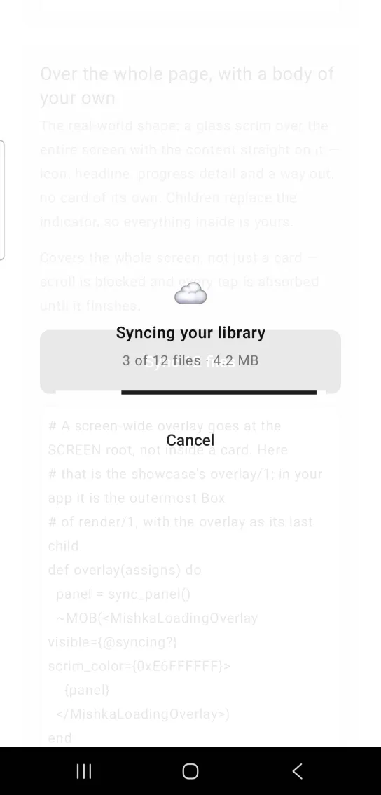 A full screen white glass overlay with a cloud icon, the text Syncing your library, a progress bar and a Cancel button.