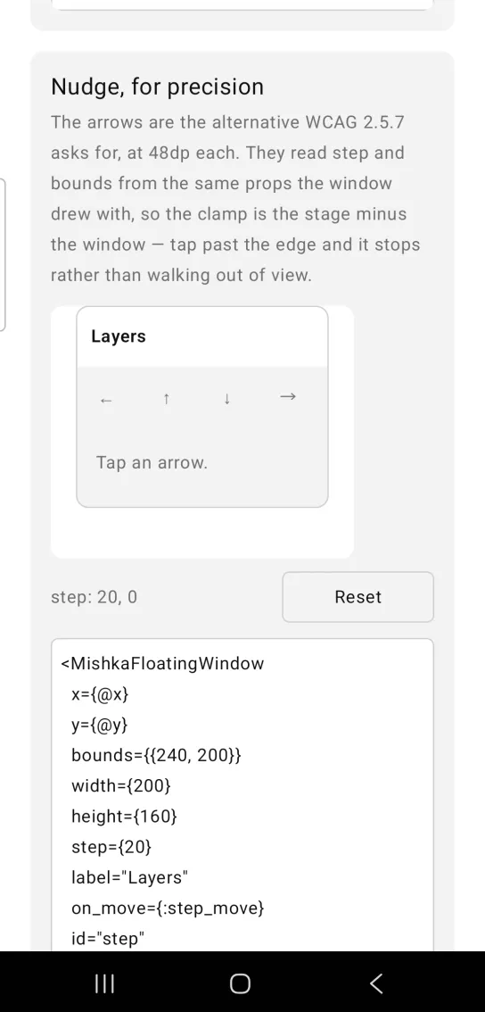 A gray stage with the Layers window moved to the right, a readout reading step: 20, 0, and four arrow buttons.
