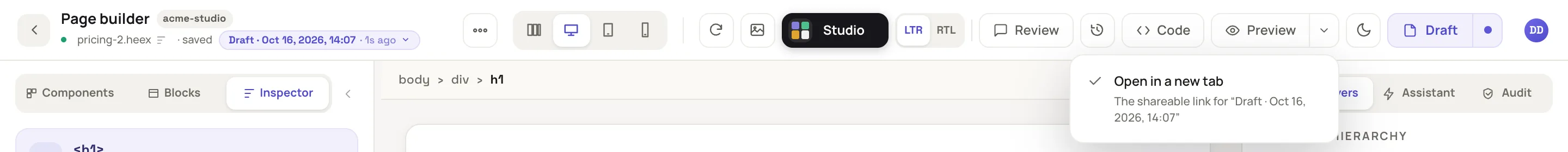 the top bar with the Preview button, its arrow open and the Open in a new tab item with the shareable link text
