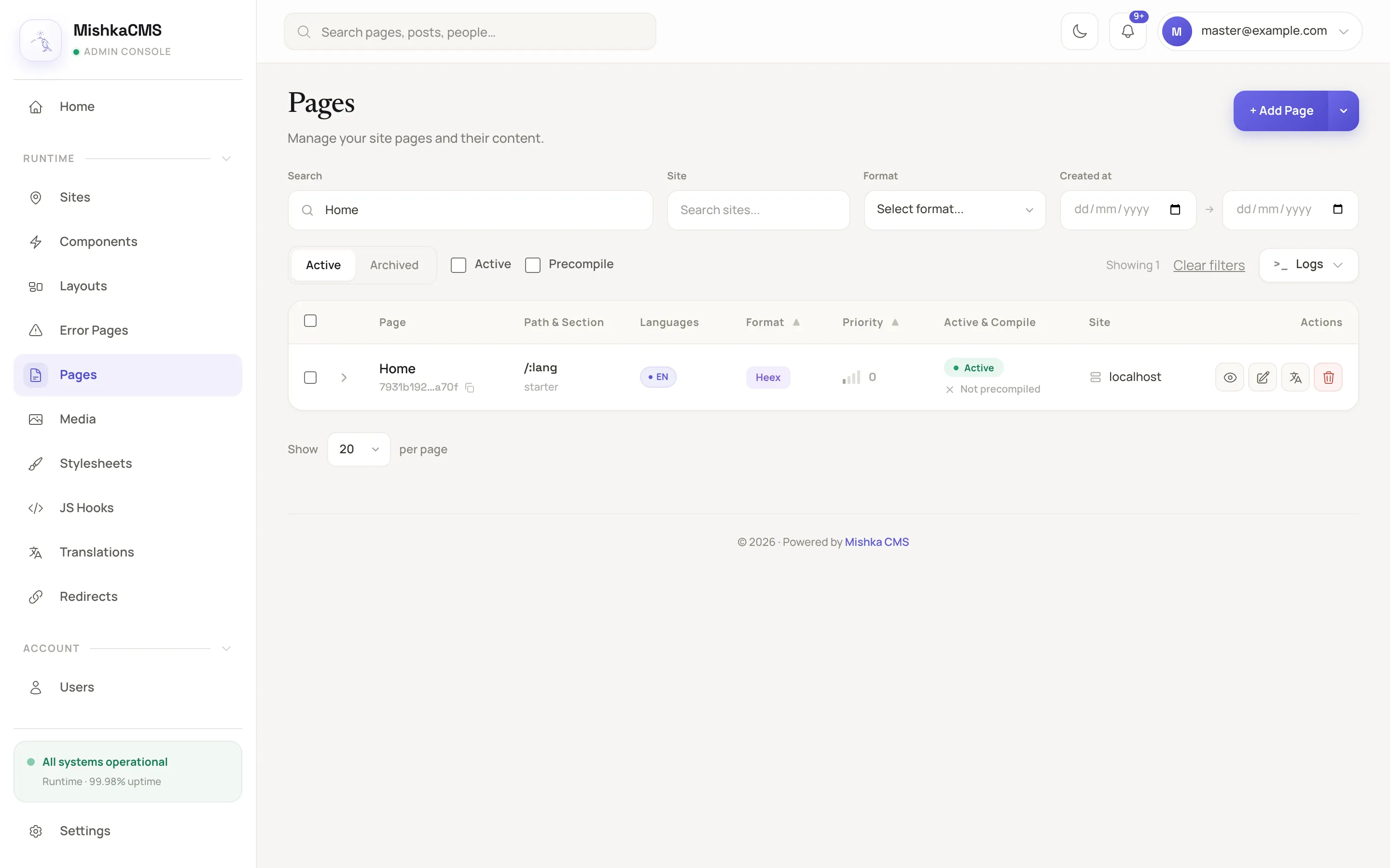 the Pages list with Home typed in Search and the one Home row it finds, with its path /:lang, its English chip and the + Add Page button at the top right
