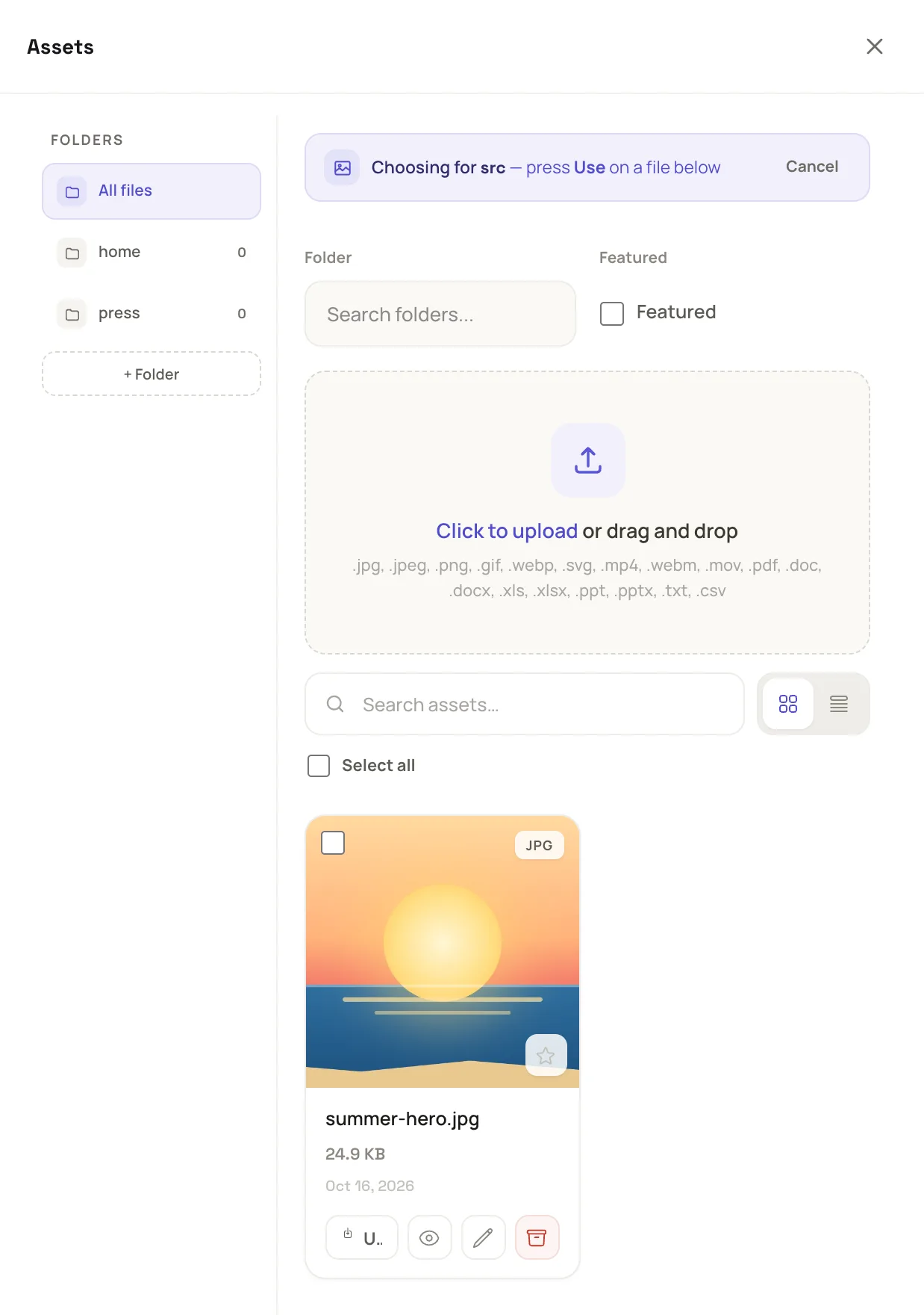 the Assets sheet open over the editor with the banner "Choosing for" an image attribute and the Use button on a file card