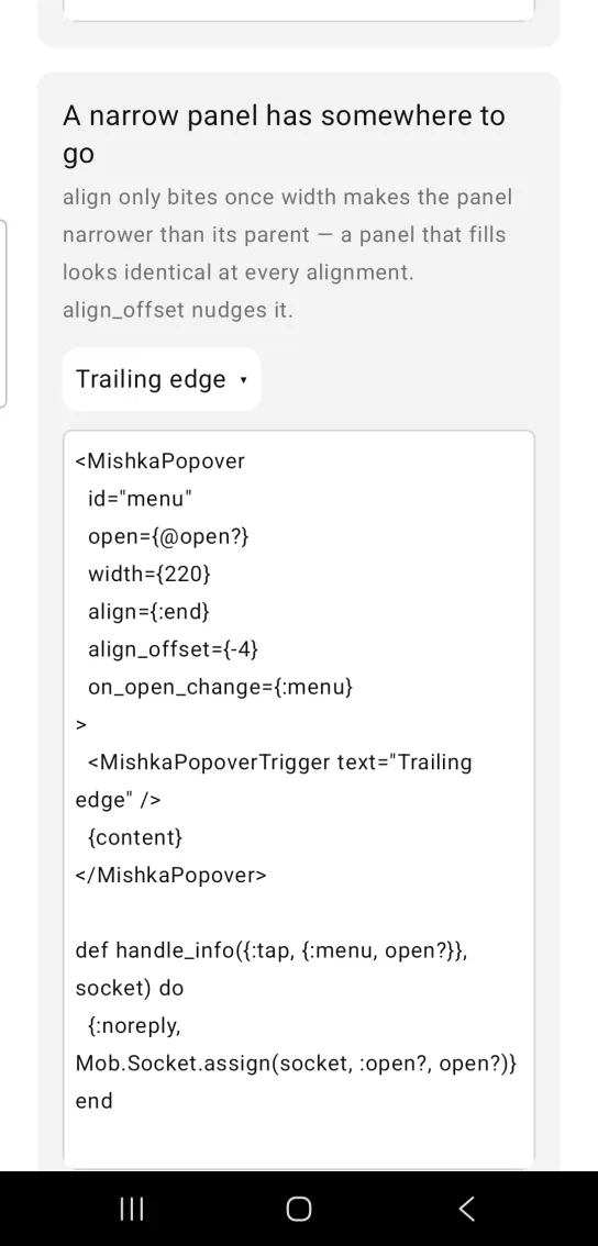 A narrow panel has somewhere to go card with a closed popover trigger labeled Trailing edge with a small down arrow, in the MishkaMob showcase app on Android