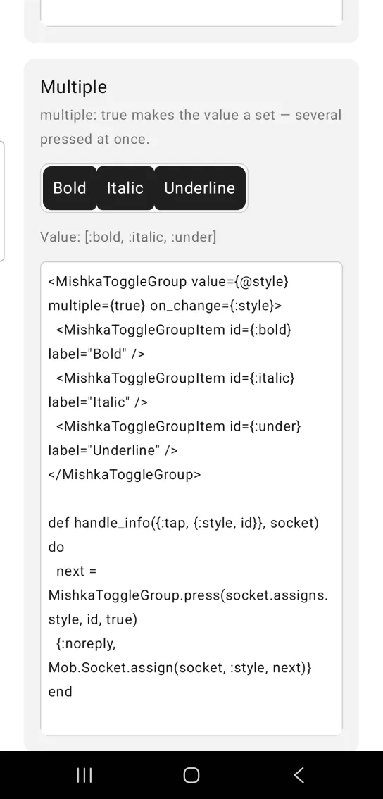 A toggle group with Bold, Italic and Underline all pressed and a value readout listing the three.