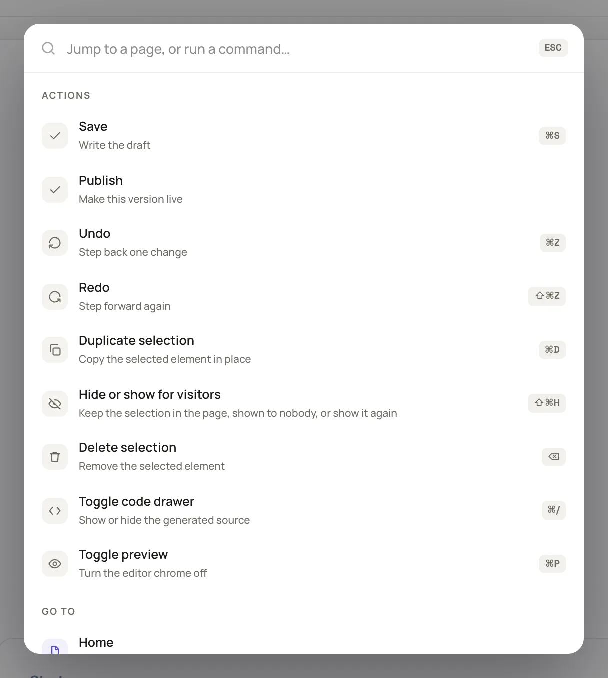 the command palette open over the editor, with the Actions list and its shortcut badges, and the Go to list below it