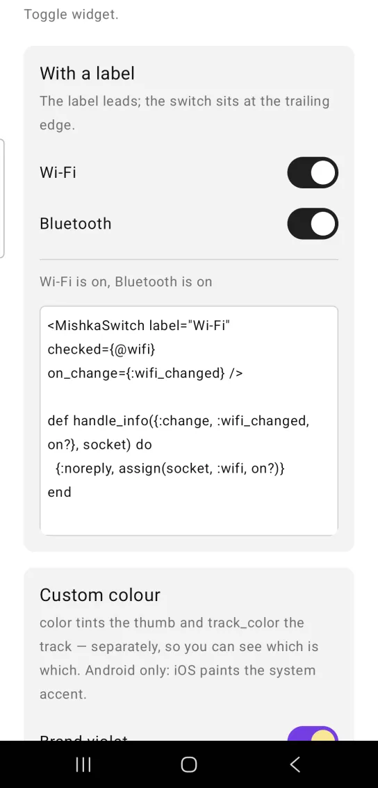 Two switches labelled Wi-Fi and Bluetooth, both turned on, with the line Wi-Fi is on, Bluetooth is on below.