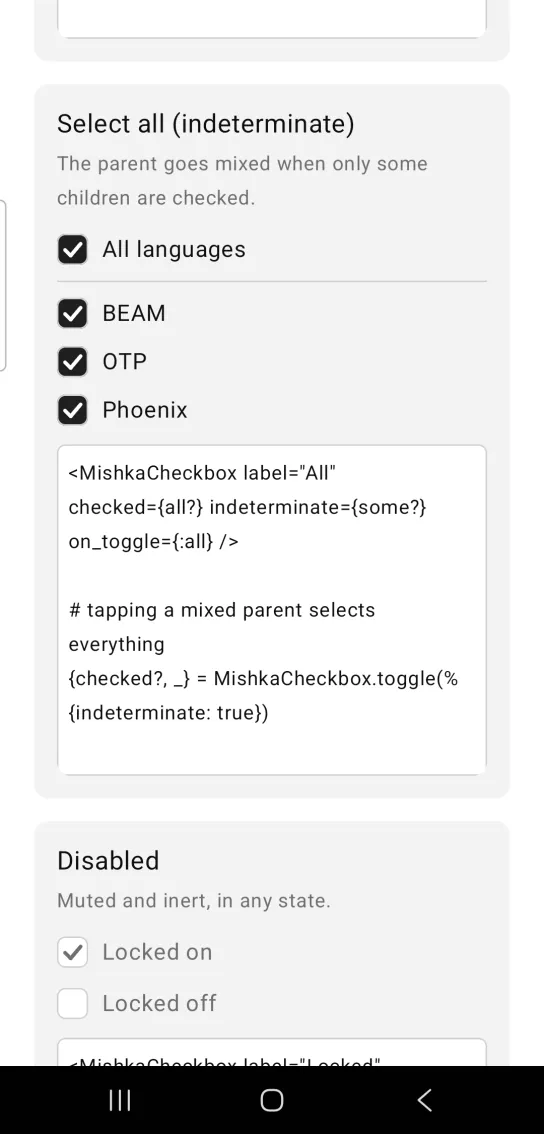 A parent checkbox All languages and its three children BEAM, OTP and Phoenix, all checked.