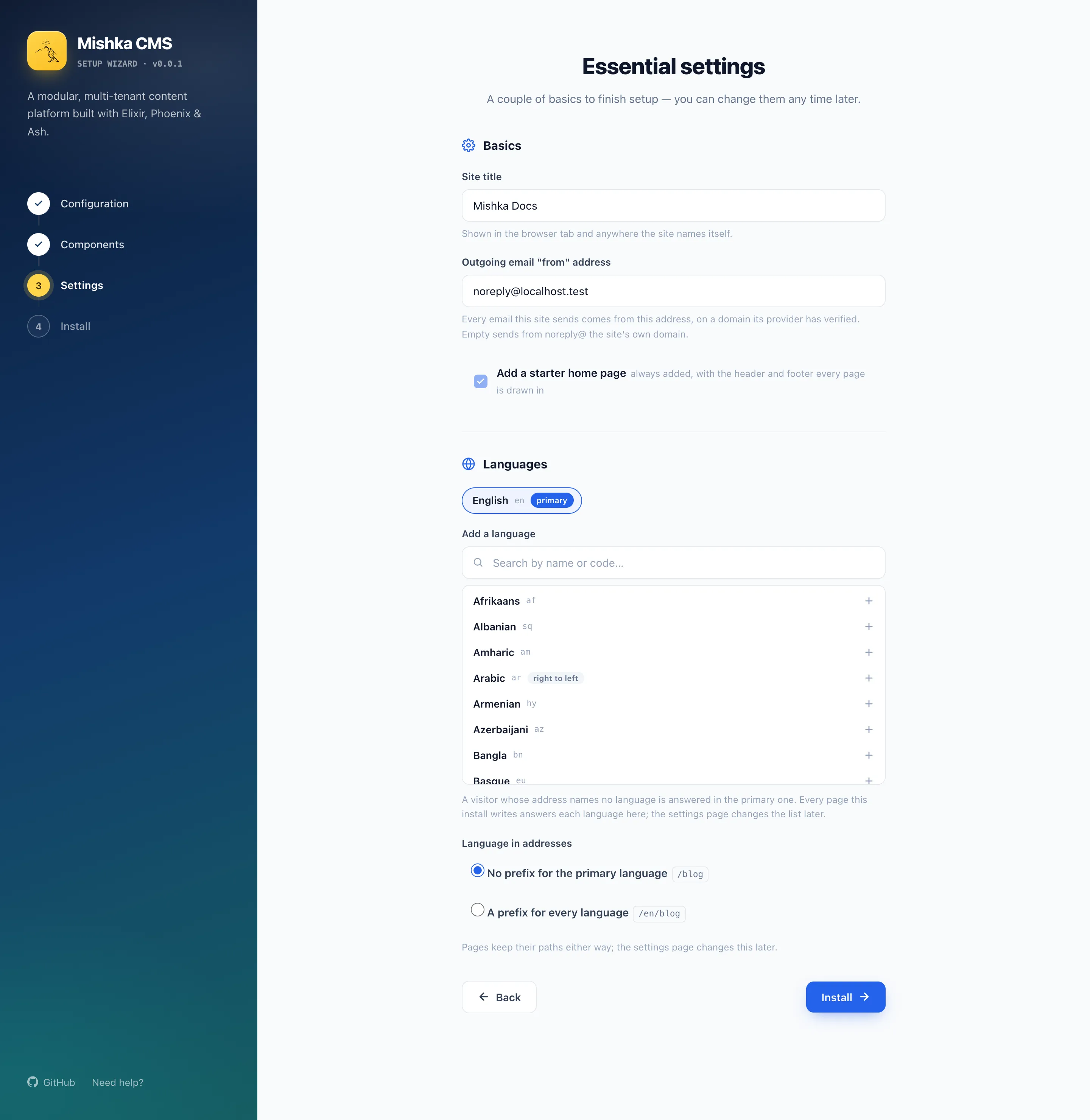 the Essential settings step with Site title, the email address field, the ticked and disabled Add a starter home page checkbox with its note, the Languages list with English marked primary, and the Install button
