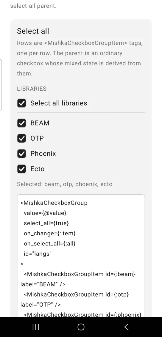 A LIBRARIES group with Select all libraries and the rows BEAM, OTP, Phoenix and Ecto all checked.