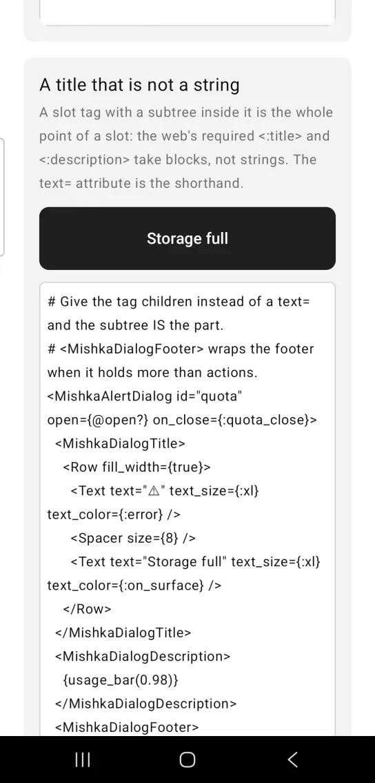 Card titled A title that is not a string, with a dark full-width button labeled Storage full, the dialog closed, above the example code