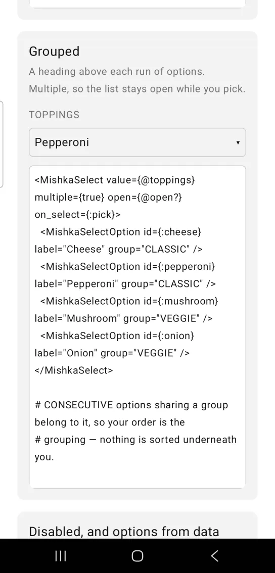 Grouped card with a select captioned TOPPINGS showing Pepperoni as its chosen value and the list closed, in the MishkaMob showcase app on Android