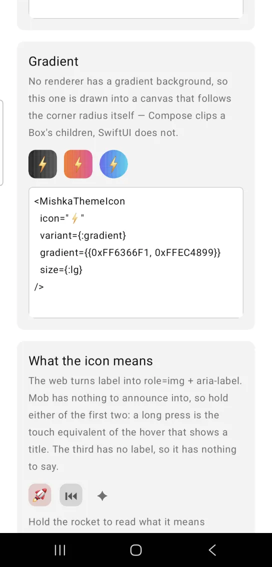Gradient card: three large theme icons with a lightning bolt glyph on gradient backgrounds, dark gray, orange to pink and blue to violet, the third one round