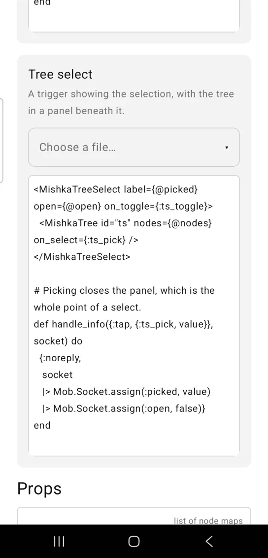 Tree select card: a closed tree select trigger showing the muted placeholder Choose a file with a small down caret, in the MishkaMob showcase app on Android