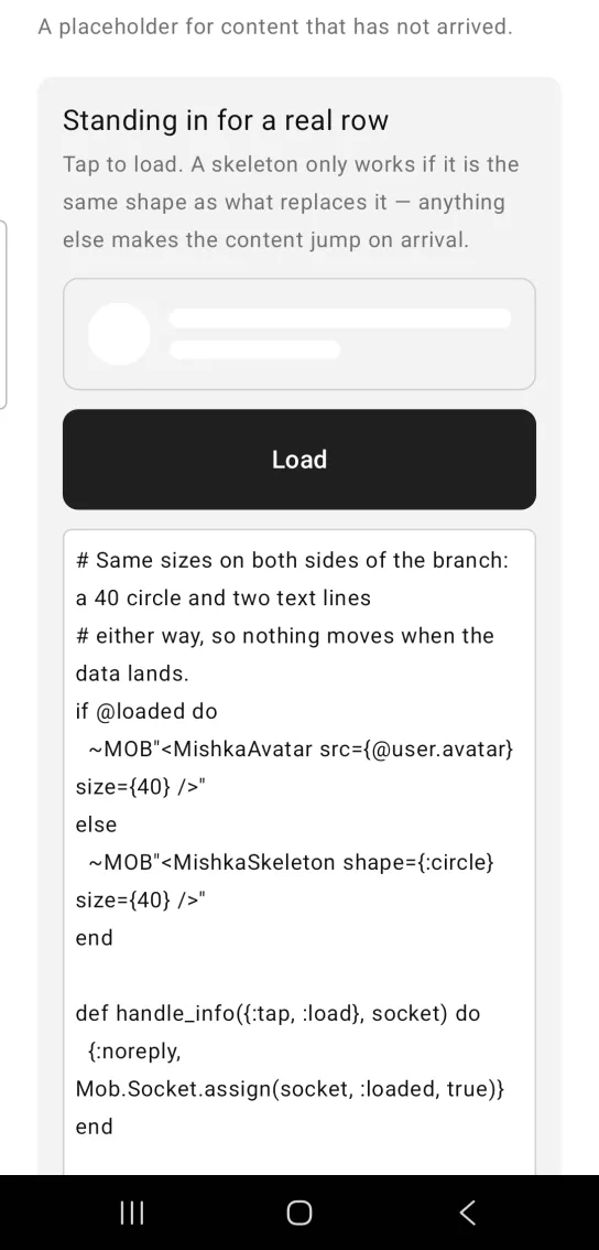 Standing in for a real row card: a Skeleton row of a pale circle and two pale bars above a black Load button, in the MishkaMob showcase app on Android