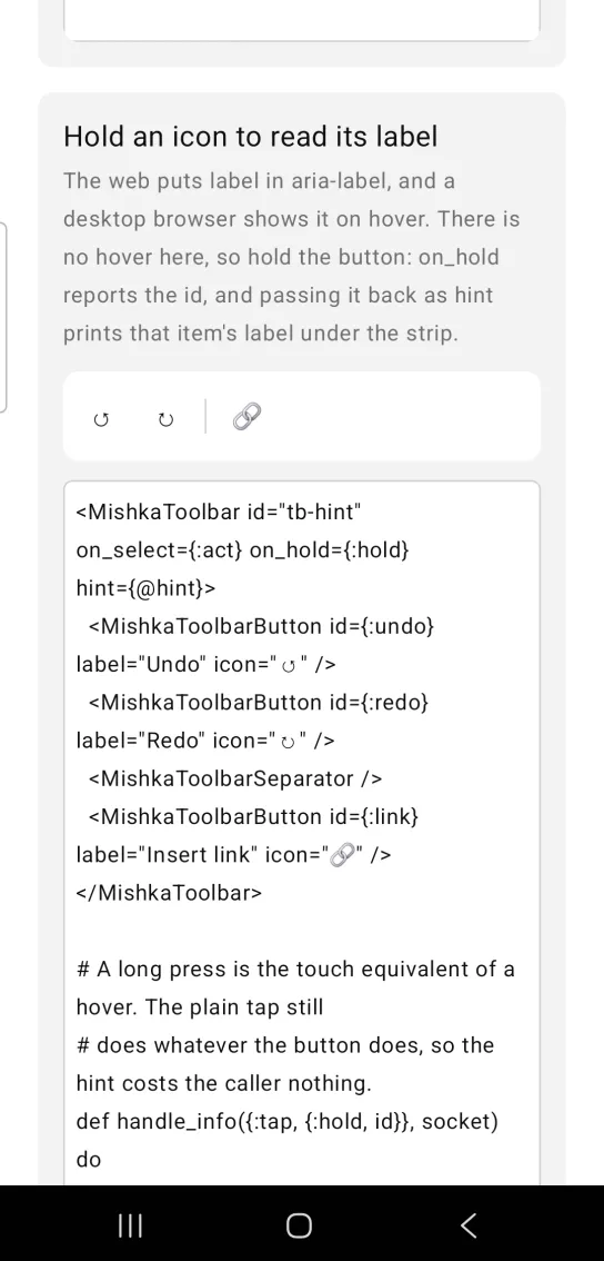 Hold an icon to read its label card: a toolbar with two rotate arrow icon buttons, a thin separator and a link icon, with no hint showing