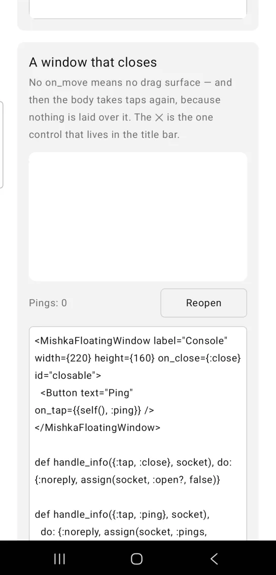 An empty gray stage where the Console window used to be, with Pings: 0 and a Reopen button below.