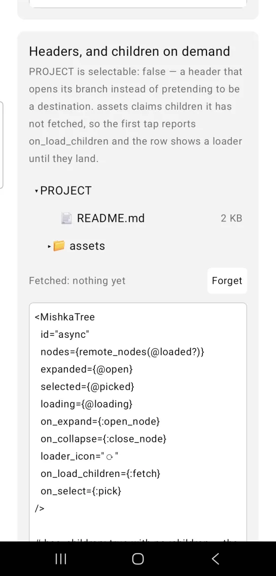 Headers, and children on demand card: an open PROJECT header with README.md and a 2 KB note and a closed assets folder, above Fetched: nothing yet and a Forget button
