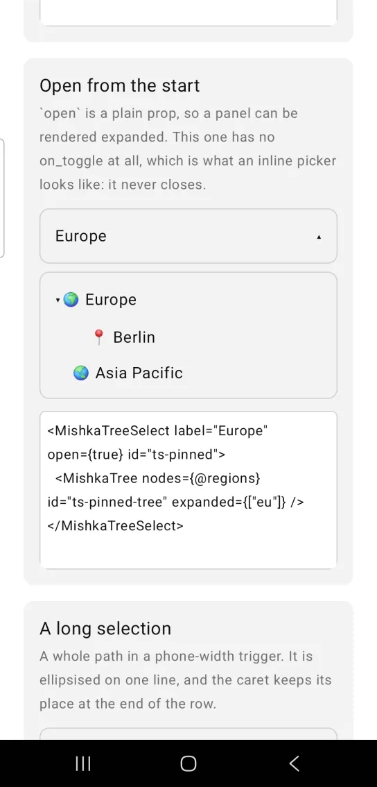 Open from the start card: a tree select trigger showing Europe with an up caret and an open panel listing Europe expanded to Berlin, then Asia Pacific