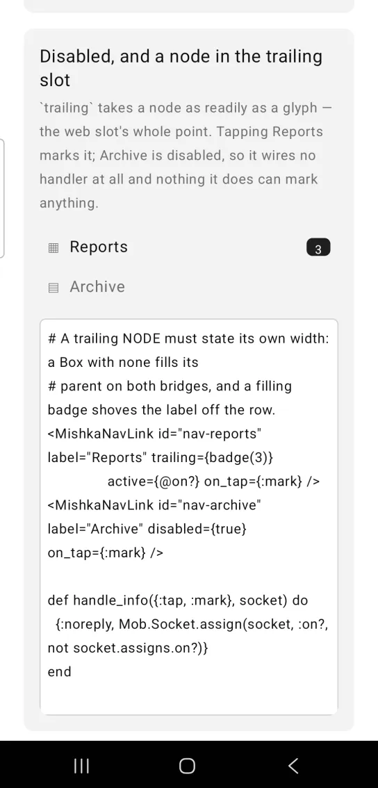 Nav link example card titled Disabled, and a node in the trailing slot, with a Reports row with a black 3 badge and a dimmed Archive row