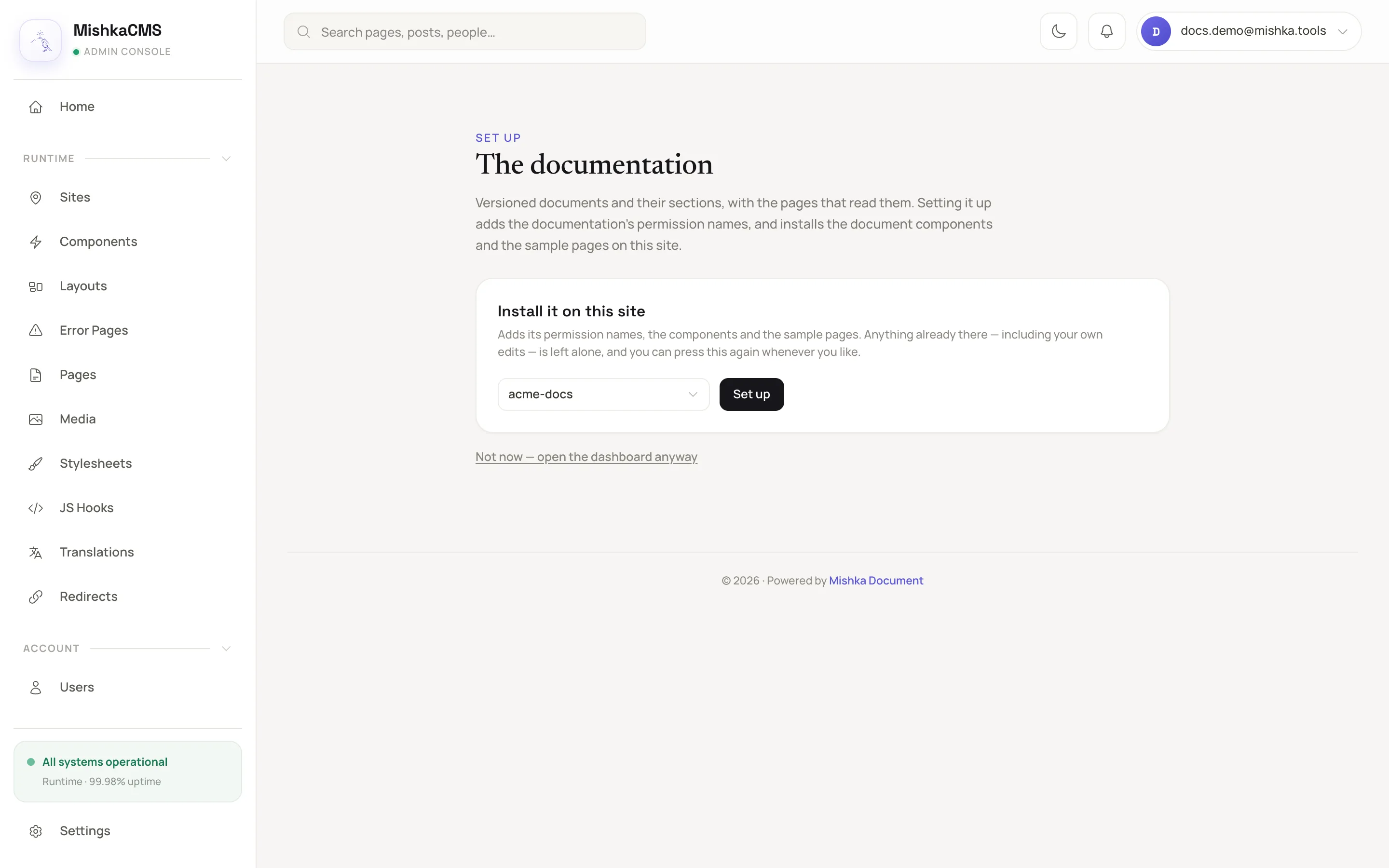 the set-up screen titled The documentation, with the Install it on this site panel, the Set up button and the Not now link under the panel