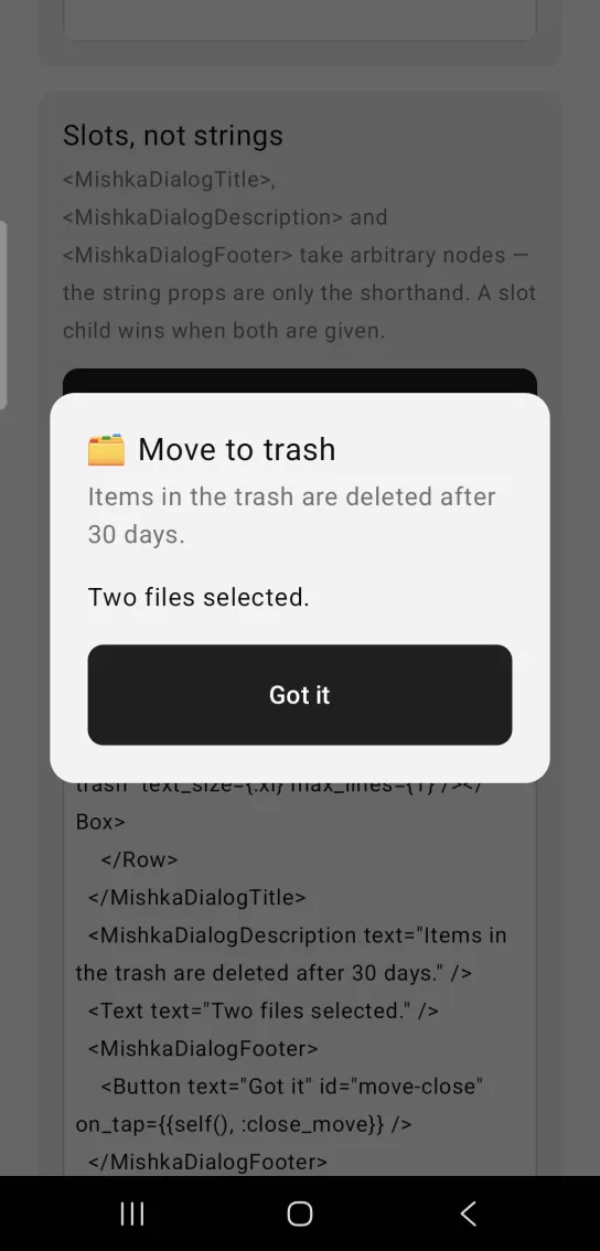 A centred dialog whose title row has a folder icon and the words Move to trash, with a Got it button.