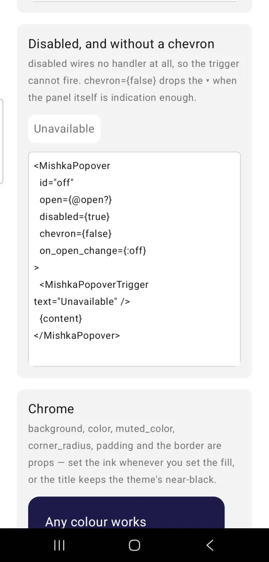Disabled, and without a chevron card with a single white button labeled Unavailable in muted gray text and no chevron, in the MishkaMob showcase app on Android