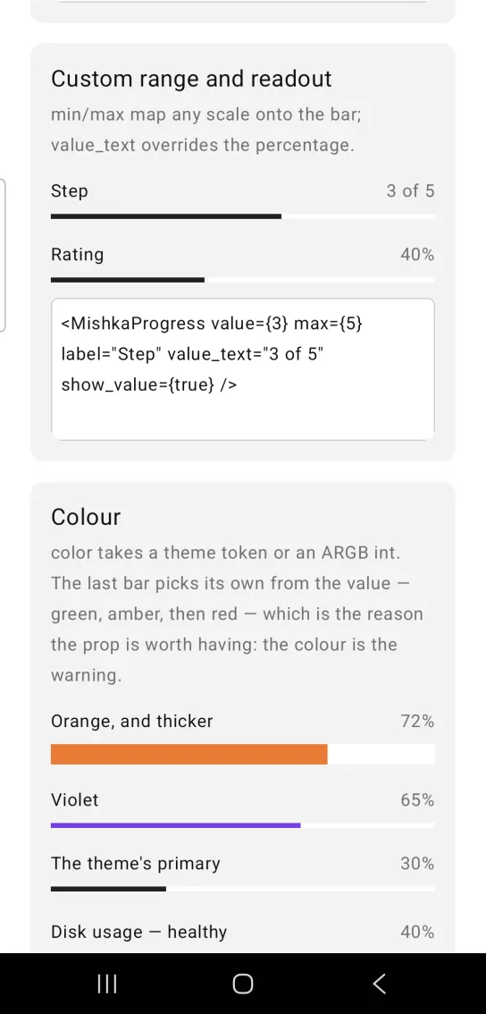 Custom range and readout card with a bar labeled Step reading 3 of 5 and a bar labeled Rating reading 40%, in the MishkaMob showcase app on Android