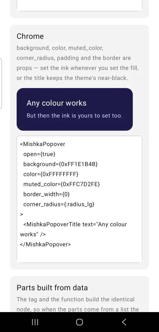 Chrome card with an open dark indigo popover panel titled Any colour works, above the lighter line But then the ink is yours to set too