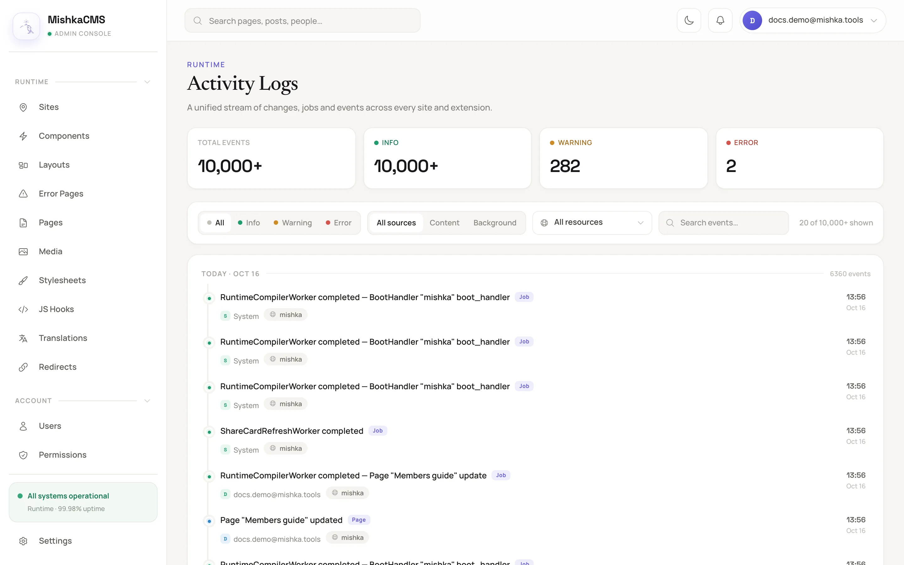 the four count cards (Total events, Info, Warning, Error), the filter bar, and one day of entries with a day heading, coloured dots, actors and site names