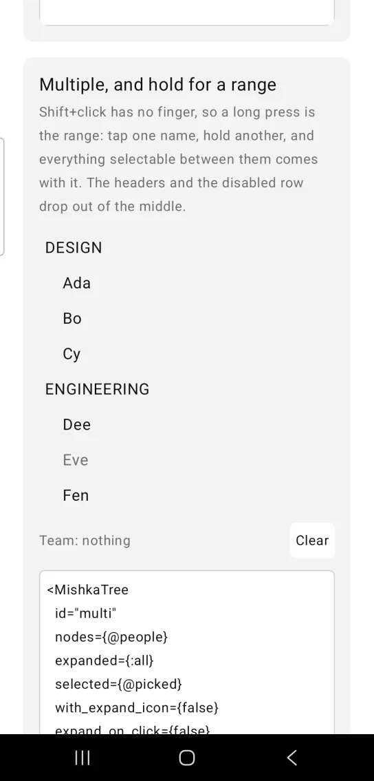 Multiple, and hold for a range card: headers DESIGN with Ada, Bo and Cy and ENGINEERING with Dee, a dimmed Eve and Fen, and a Clear button below