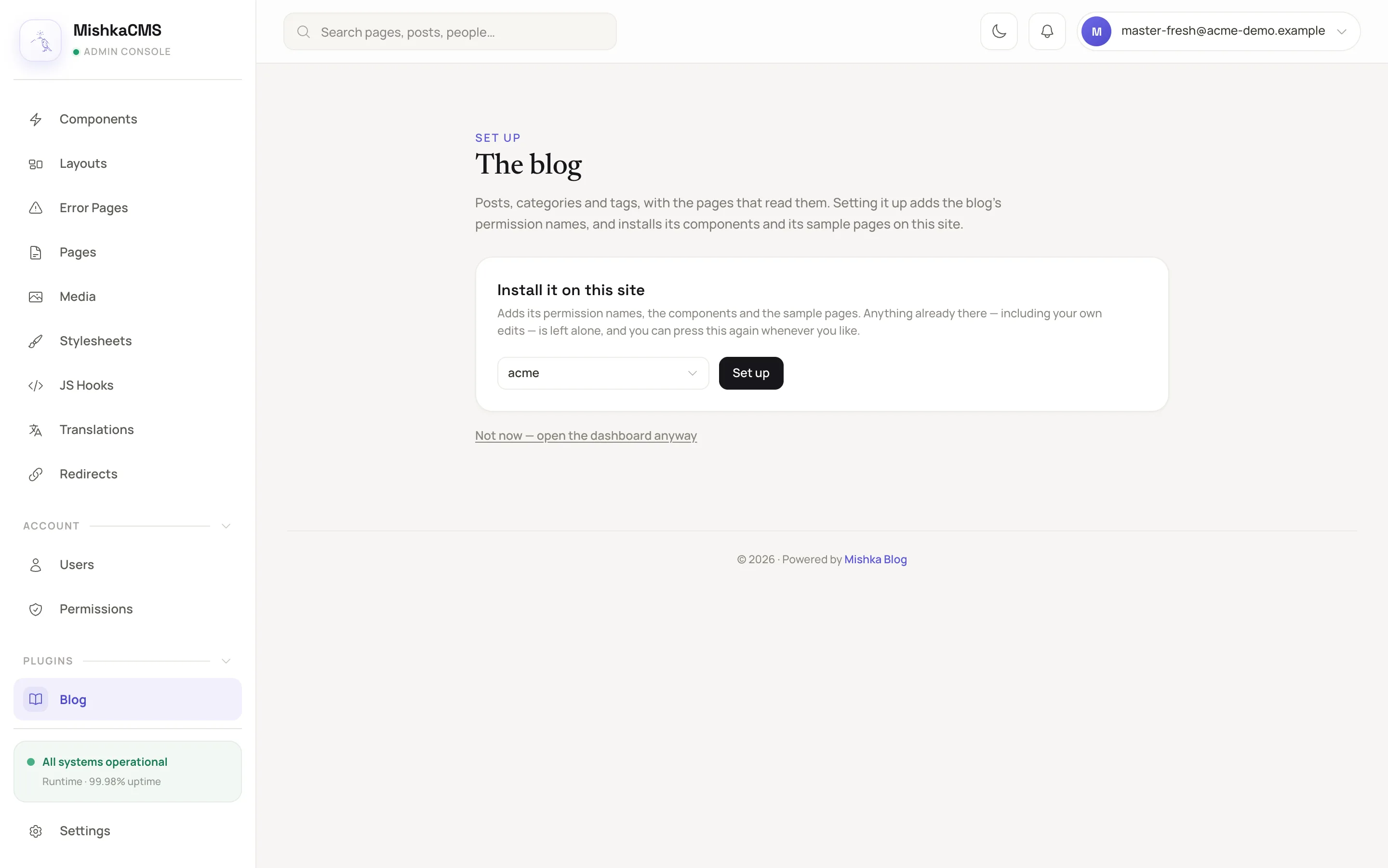 the setup screen with The blog as the heading, the Install it on this site card, the site dropdown and the Set up button