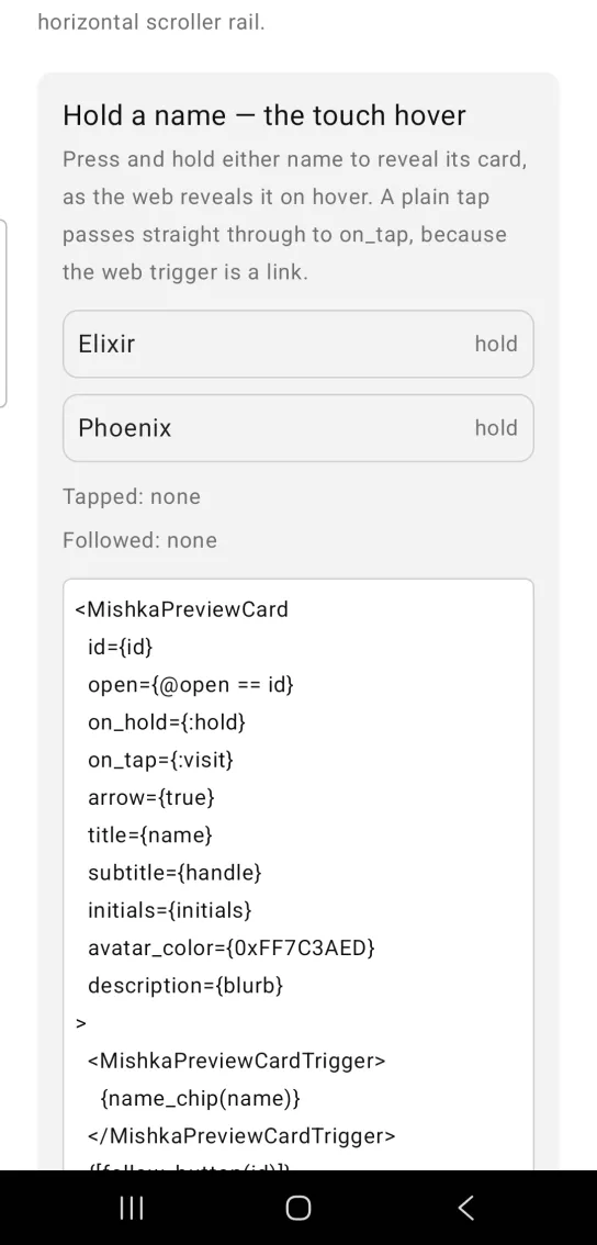 Hold a name card with outlined chips Elixir and Phoenix, each marked hold, above the lines Tapped: none and Followed: none, in the MishkaMob showcase app on Android