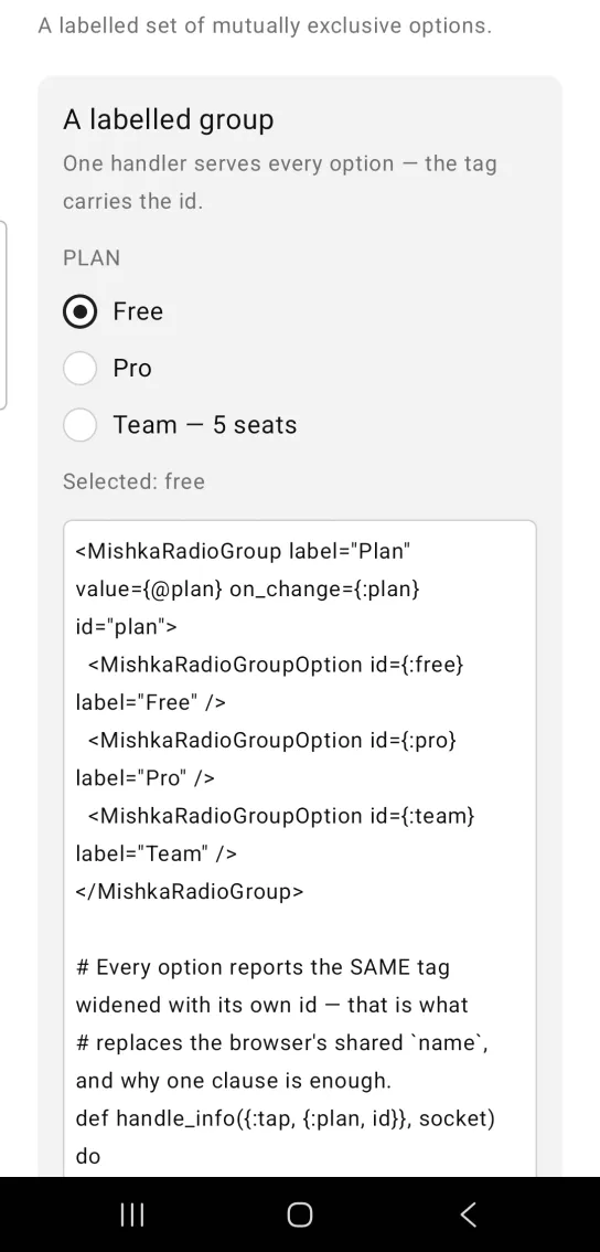 A labelled PLAN group with Free selected, Pro and Team with 5 seats unselected, and the line Selected: free.