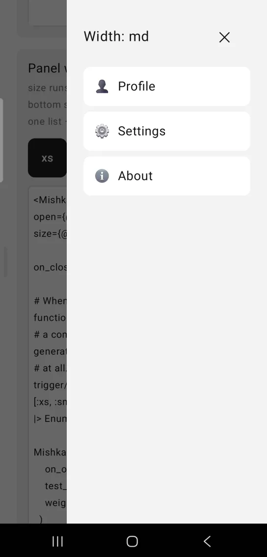 A medium width drawer titled Width: md open on the right edge of the screen over a dimmed page.