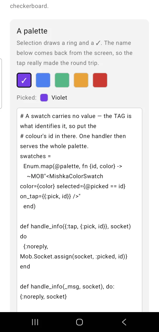 Card titled A palette, with five color swatches in violet, blue, green, amber and red, the violet one ringed with a white check mark, above Picked: Violet