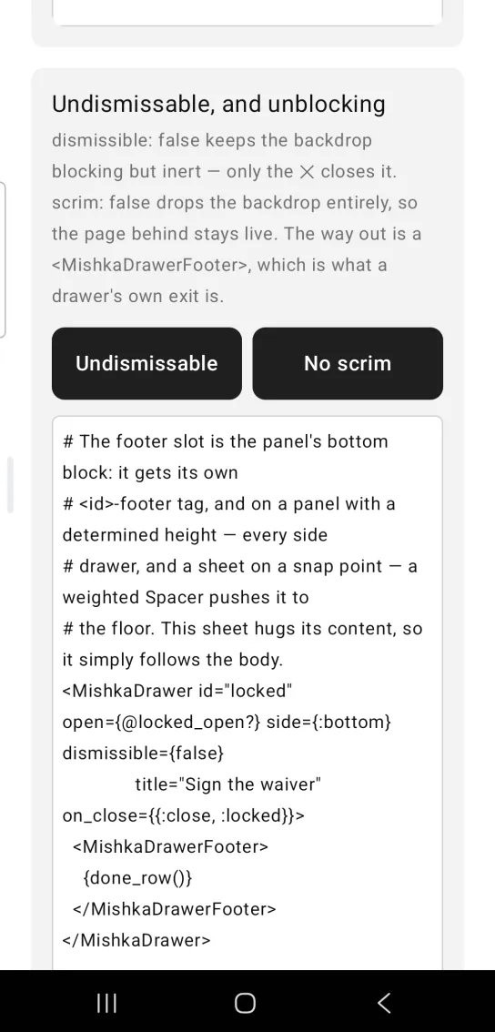Drawer example card titled Undismissable, and unblocking, with two dark buttons side by side labeled Undismissable and No scrim, above the example code