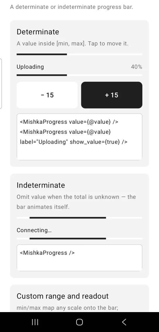 Determinate card with a plain bar and a bar labeled Uploading at 40%, above white minus 15 and dark plus 15 buttons, in the MishkaMob showcase app on Android