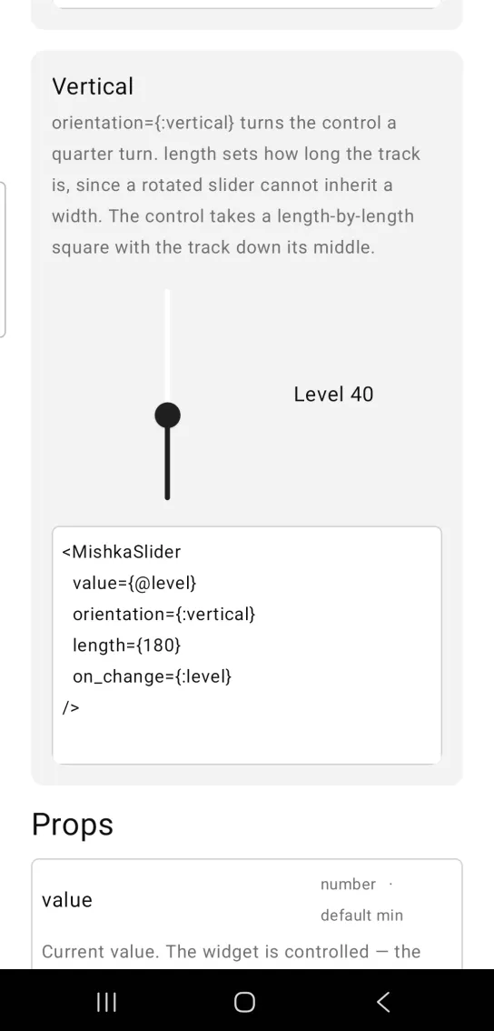 Vertical card: a vertical slider with its dark track running down the middle of a square, the thumb partway up, and the text Level 40 to its right