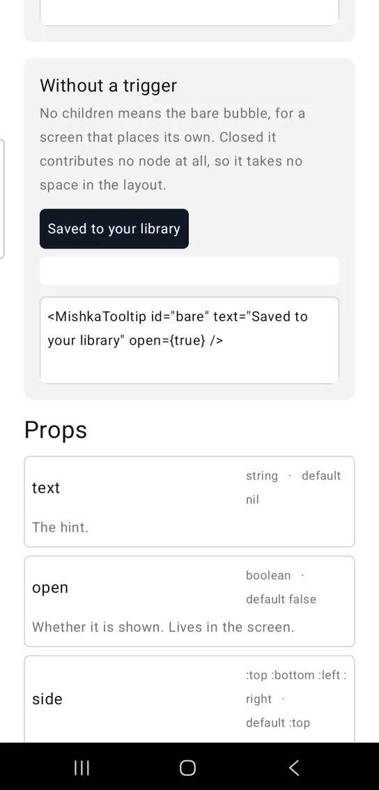 Without a trigger card: a dark hint bubble reading Saved to your library above an empty white bar, in the MishkaMob showcase app on Android
