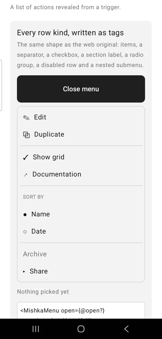 An open menu with Edit and Duplicate, a ticked Show grid row, a SORT BY group, a greyed Archive row and a Share submenu.