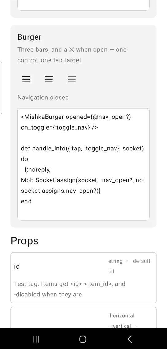 Card titled Burger, with three burger menu buttons in a row, the third one lighter and muted, above the text Navigation closed, in the MishkaMob showcase app on Android