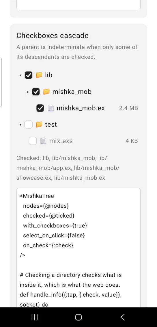 A file tree with checkboxes where lib and all the files inside it are checked, and a Checked line listing them.